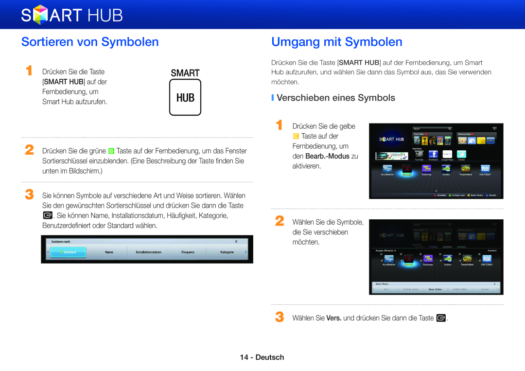 Samsung BD-E6300S/EN, BD-E6300/EN, BD-E5500/XN manual Sortieren von Symbolen, Umgang mit Symbolen, Verschieben eines Symbols 