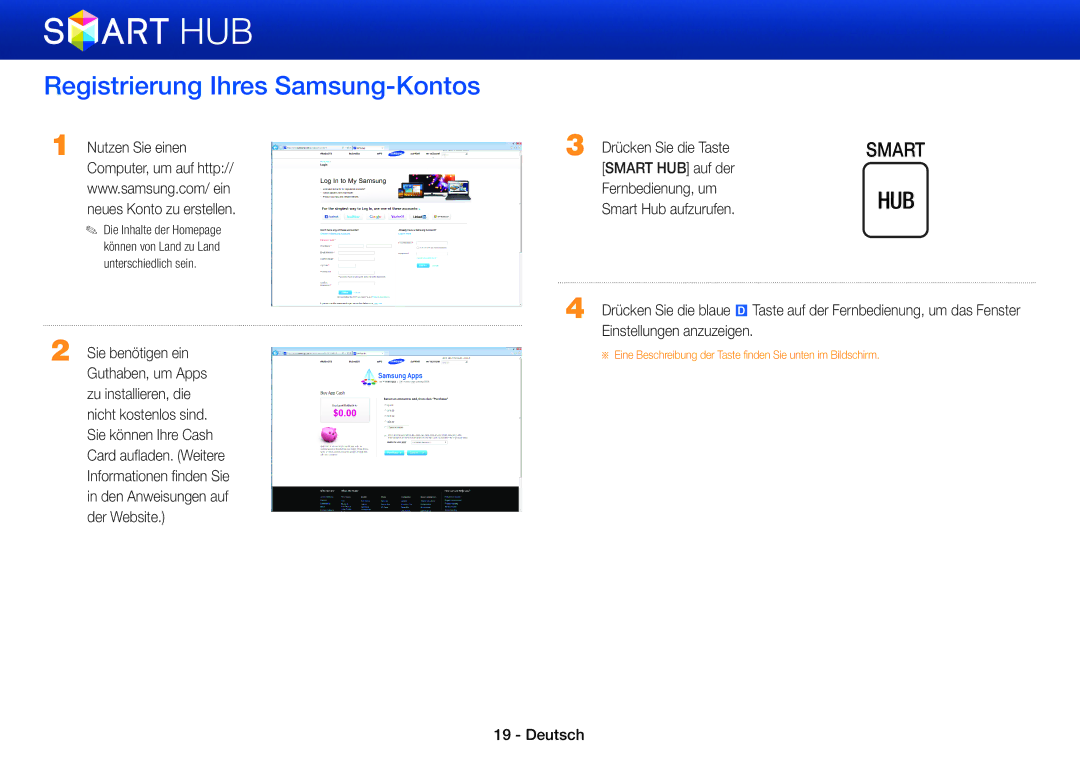 Samsung BD-E5500/XN, BD-E6300/EN, BD-ES5000/XN, BD-E5500/EN manual Registrierung Ihres Samsung-Kontos, Drücken Sie die Taste 