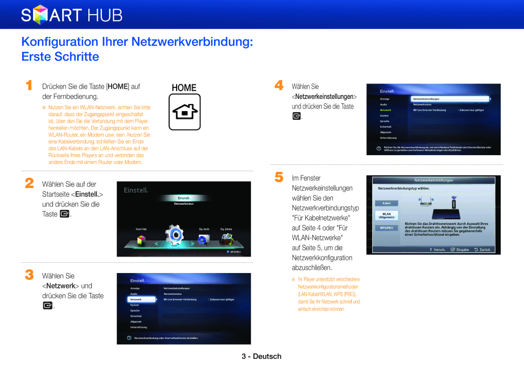 Samsung BD-E5500/EN, BD-E6300/EN Konfiguration Ihrer Netzwerkverbindung Erste Schritte, Drücken Sie die Taste Home auf 