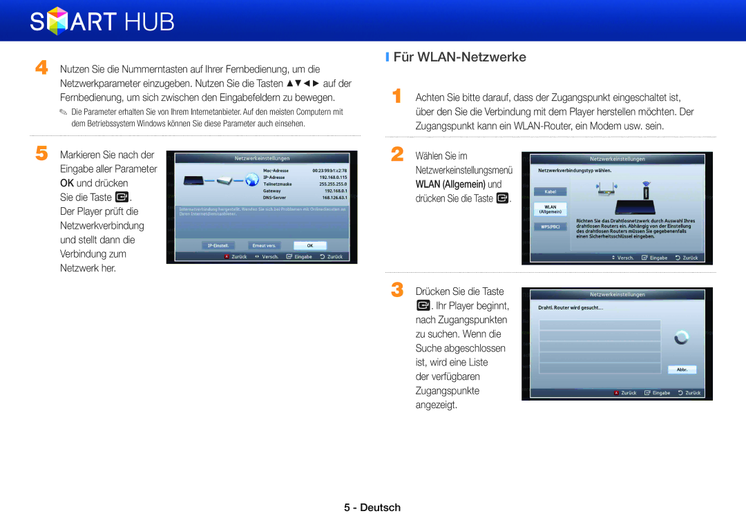 Samsung BD-E6300S/EN, BD-E6300/EN, BD-E5500/XN, BD-ES5000/XN, BD-E5500/EN, BD-ES5000/EN, BD-E5500/TK manual Für WLAN-Netzwerke 