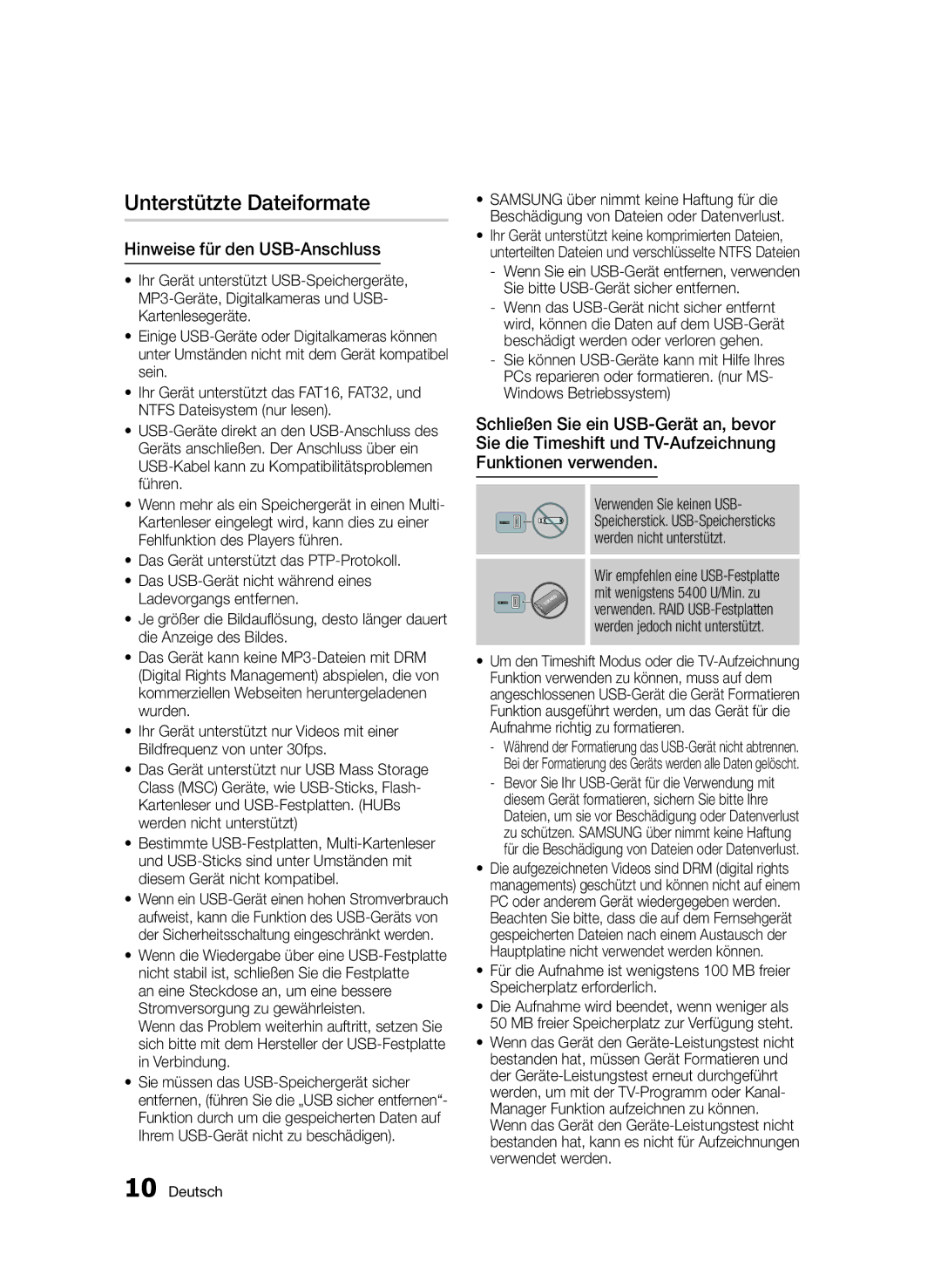 Samsung BD-E6300/EN manual Unterstützte Dateiformate, Hinweise für den USB-Anschluss, Sie bitte USB-Gerät sicher entfernen 