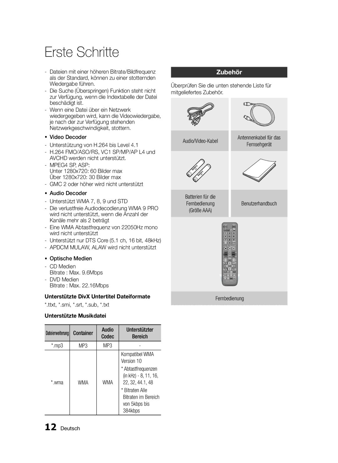 Samsung BD-E6300/EN manual Zubehör, MPEG4 SP, ASP, Unterstützte Musikdatei 