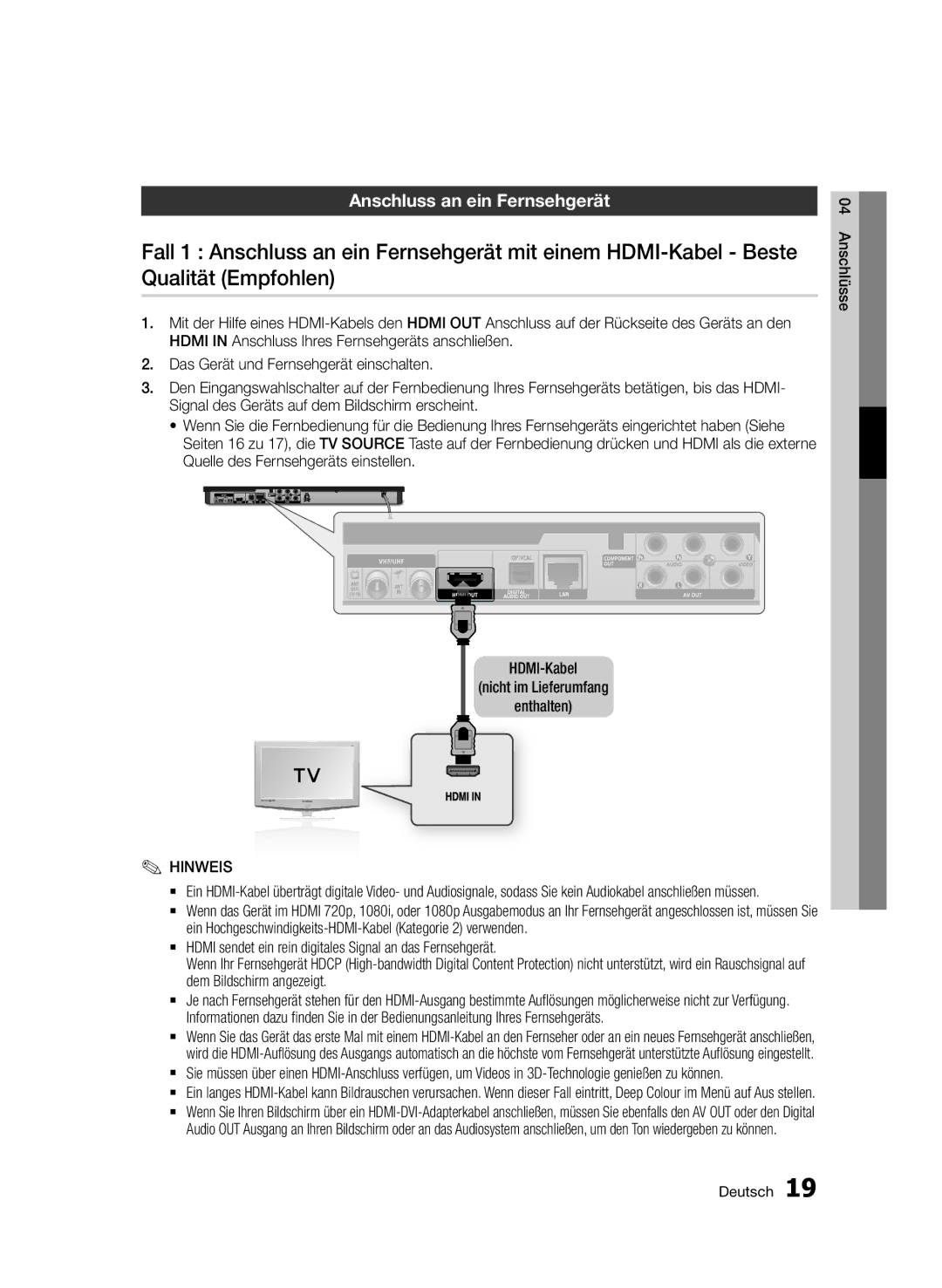 Samsung BD-E6300/EN manual Anschluss an ein Fernsehgerät 