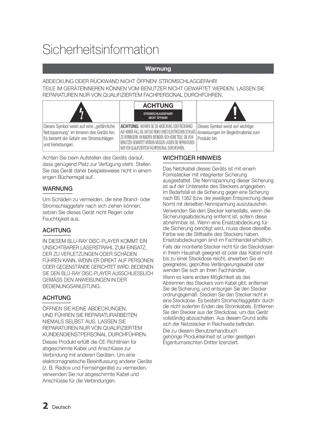 Samsung BD-E6300/EN manual Sicherheitsinformation, Warnung 