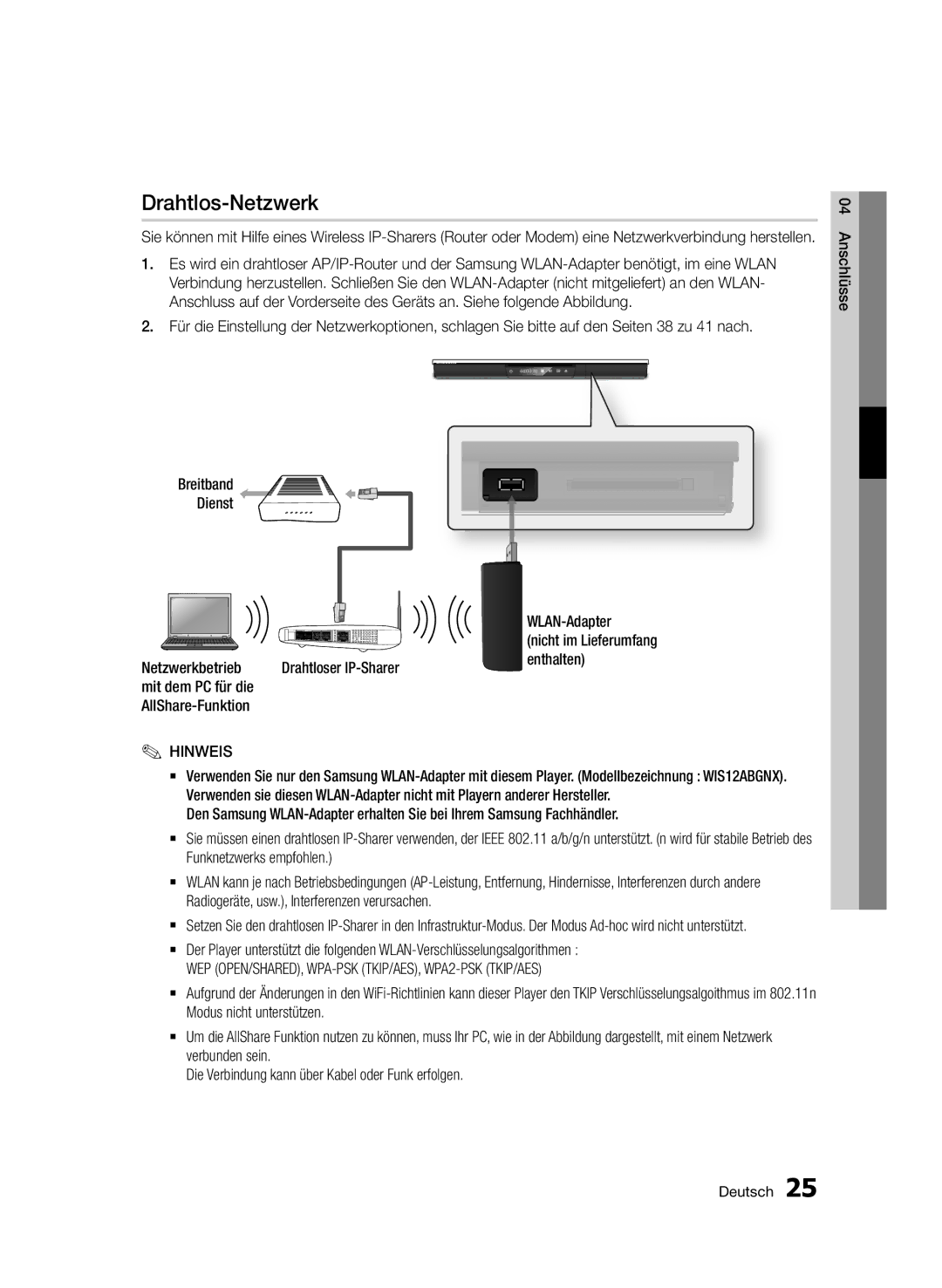 Samsung BD-E6300/EN manual Drahtlos-Netzwerk, Netzwerkbetrieb, Mit dem PC für die AllShare-Funktion WLAN-Adapter 