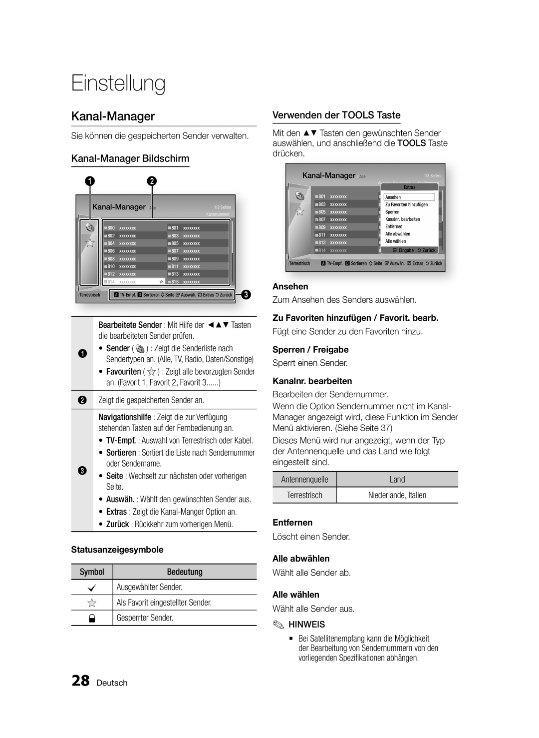 Samsung BD-E6300/EN manual Kanal-Manager Bildschirm, Verwenden der Tools Taste 