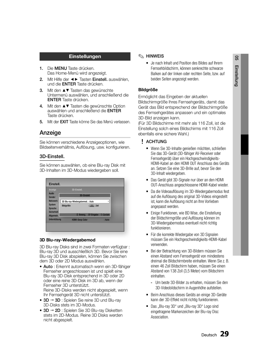 Samsung BD-E6300/EN manual Anzeige, Einstellungen, 3D-Einstell, 3D Blu-ray-Wiedergabemod, Bildgröße 