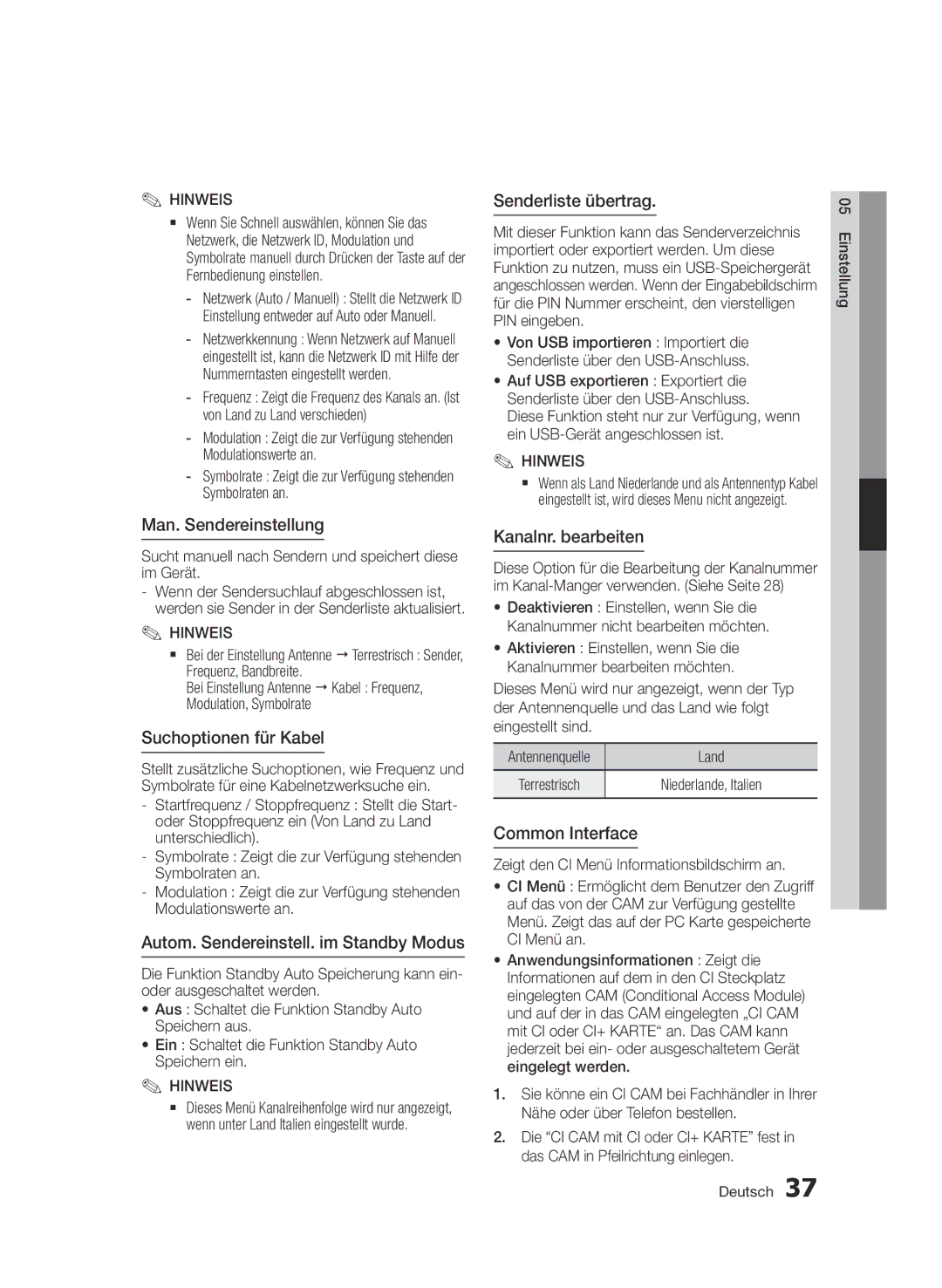 Samsung BD-E6300/EN manual Man. Sendereinstellung, Suchoptionen für Kabel, Autom. Sendereinstell. im Standby Modus 