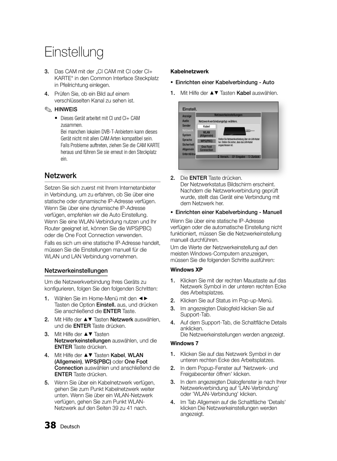 Samsung BD-E6300/EN manual Netzwerkeinstellungen, Kabelnetzwerk, Windows XP 