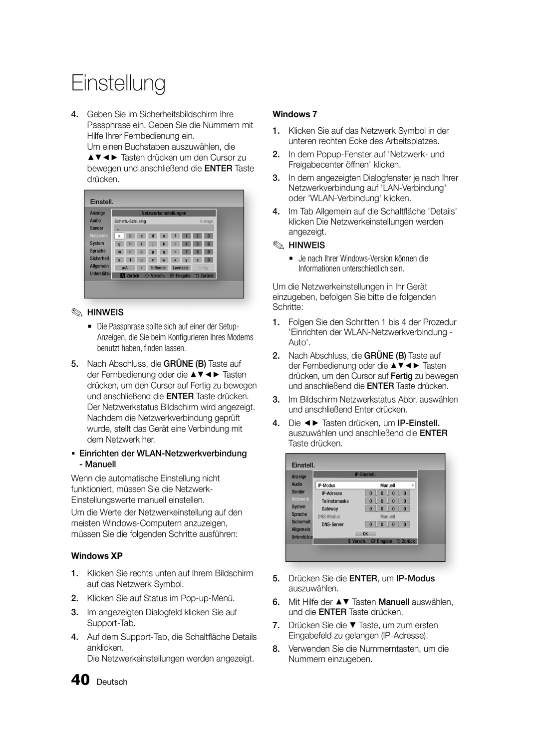 Samsung BD-E6300/EN manual ƒƒ Einrichten der WLAN-Netzwerkverbindung Manuell, Und anschließend Enter drücken, Taste drücken 