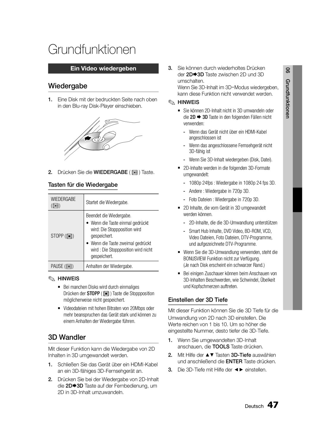 Samsung BD-E6300/EN manual Grundfunktionen, Wiedergabe, 3D Wandler, Ein Video wiedergeben 