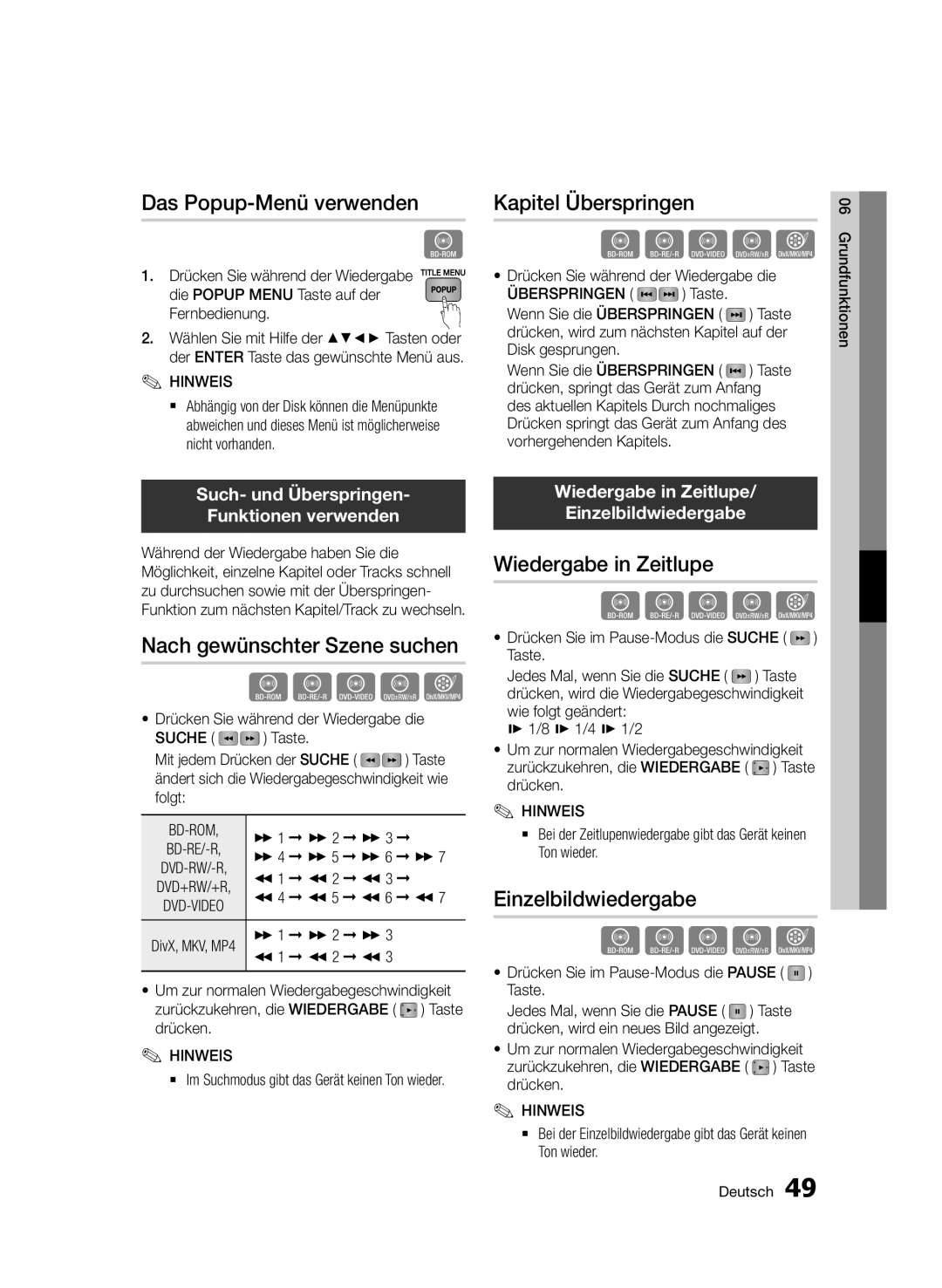 Samsung BD-E6300/EN Das Popup-Menü verwenden, Kapitel Überspringen, Nach gewünschter Szene suchen, Wiedergabe in Zeitlupe 