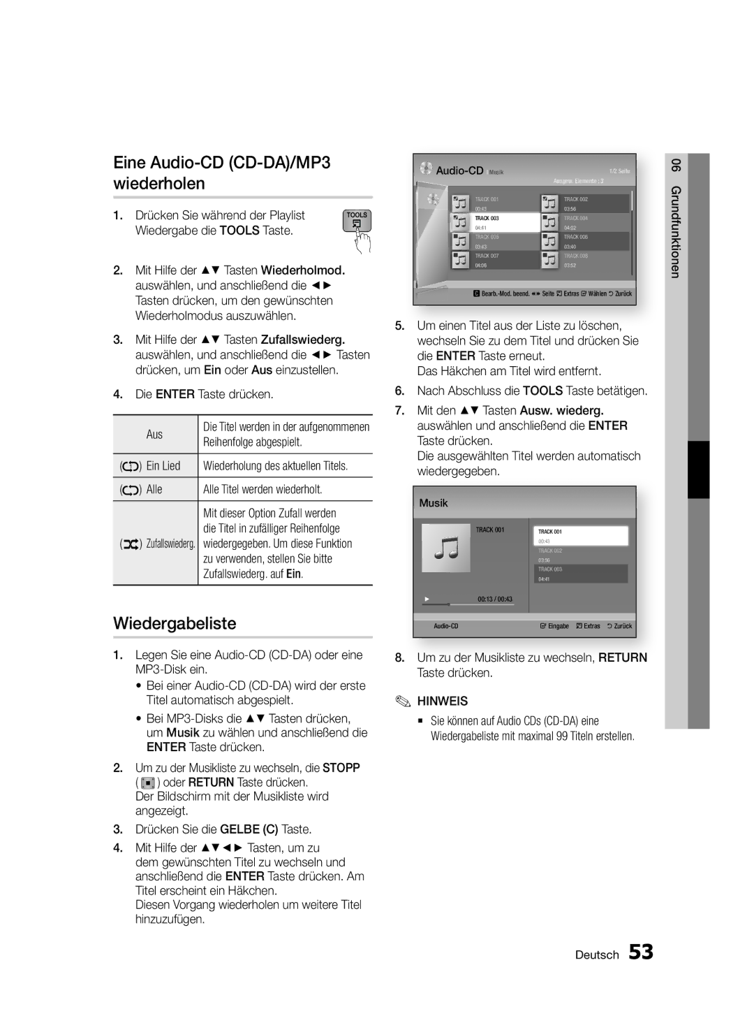 Samsung BD-E6300/EN manual Eine Audio-CD CD-DA/MP3 wiederholen, Wiedergabeliste 