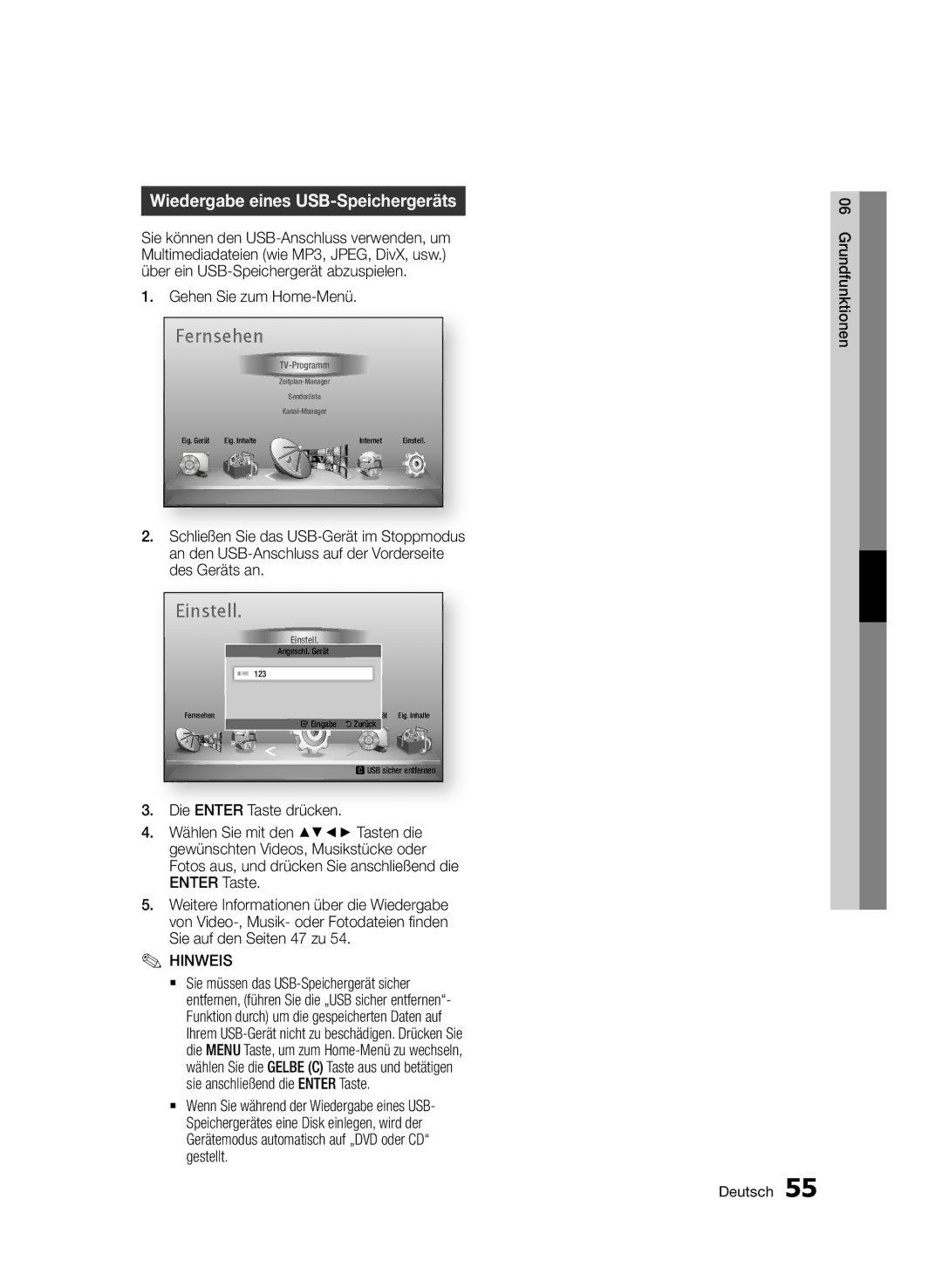 Samsung BD-E6300/EN Wiedergabe eines USB-Speichergeräts, Gehen Sie zum Home-Menü, Sie anschließend die Enter Taste. ` 