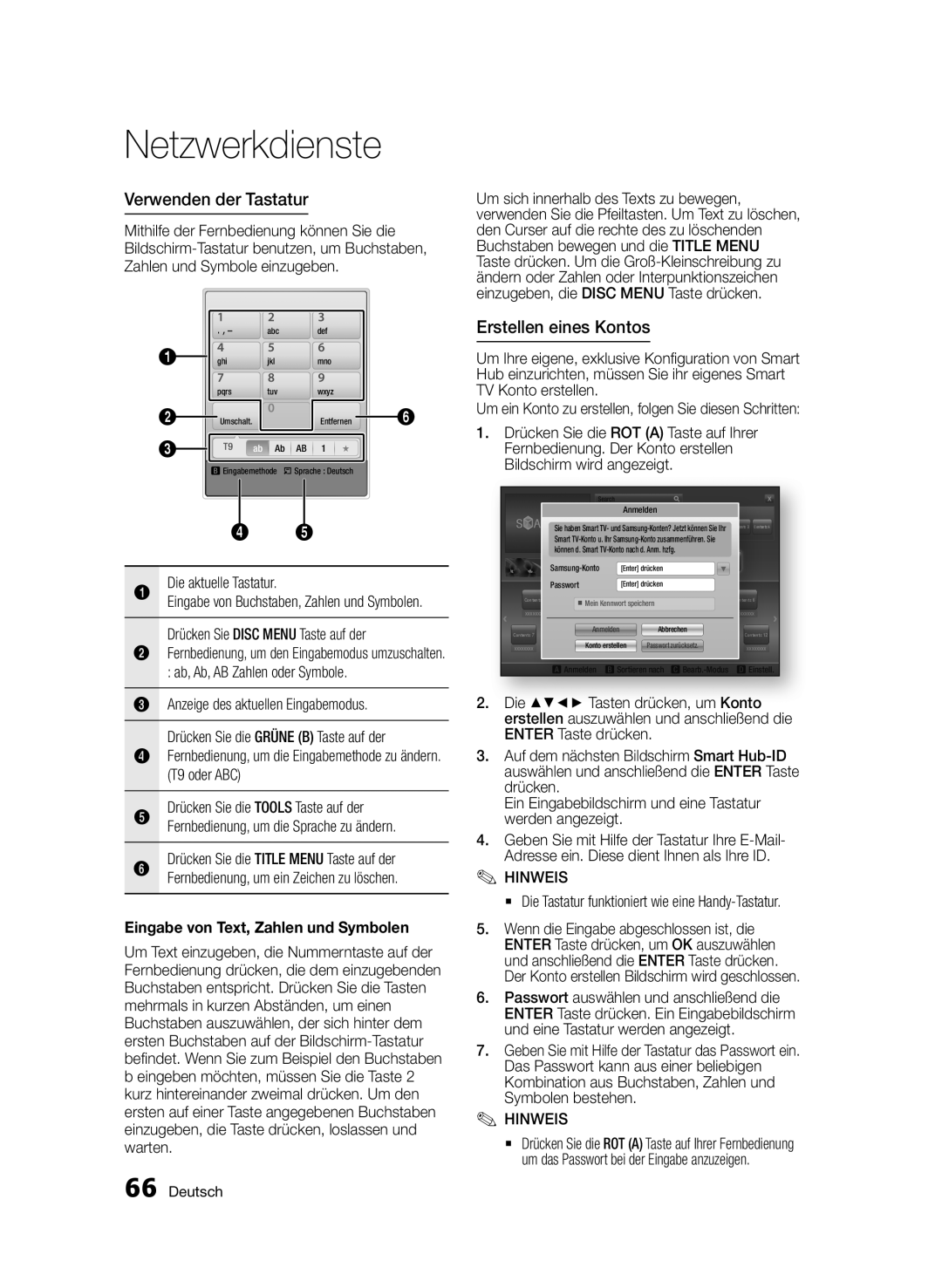 Samsung BD-E6300/EN Netzwerkdienste, Verwenden der Tastatur, Erstellen eines Kontos, Eingabe von Text, Zahlen und Symbolen 