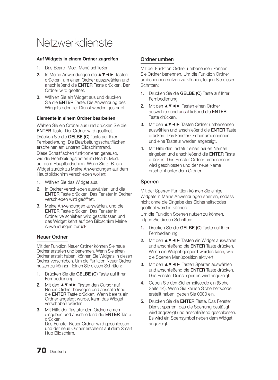 Samsung BD-E6300/EN manual Neuer Ordner, Ordner umben, Sperren, Auf Widgets in einem Ordner zugreifen 