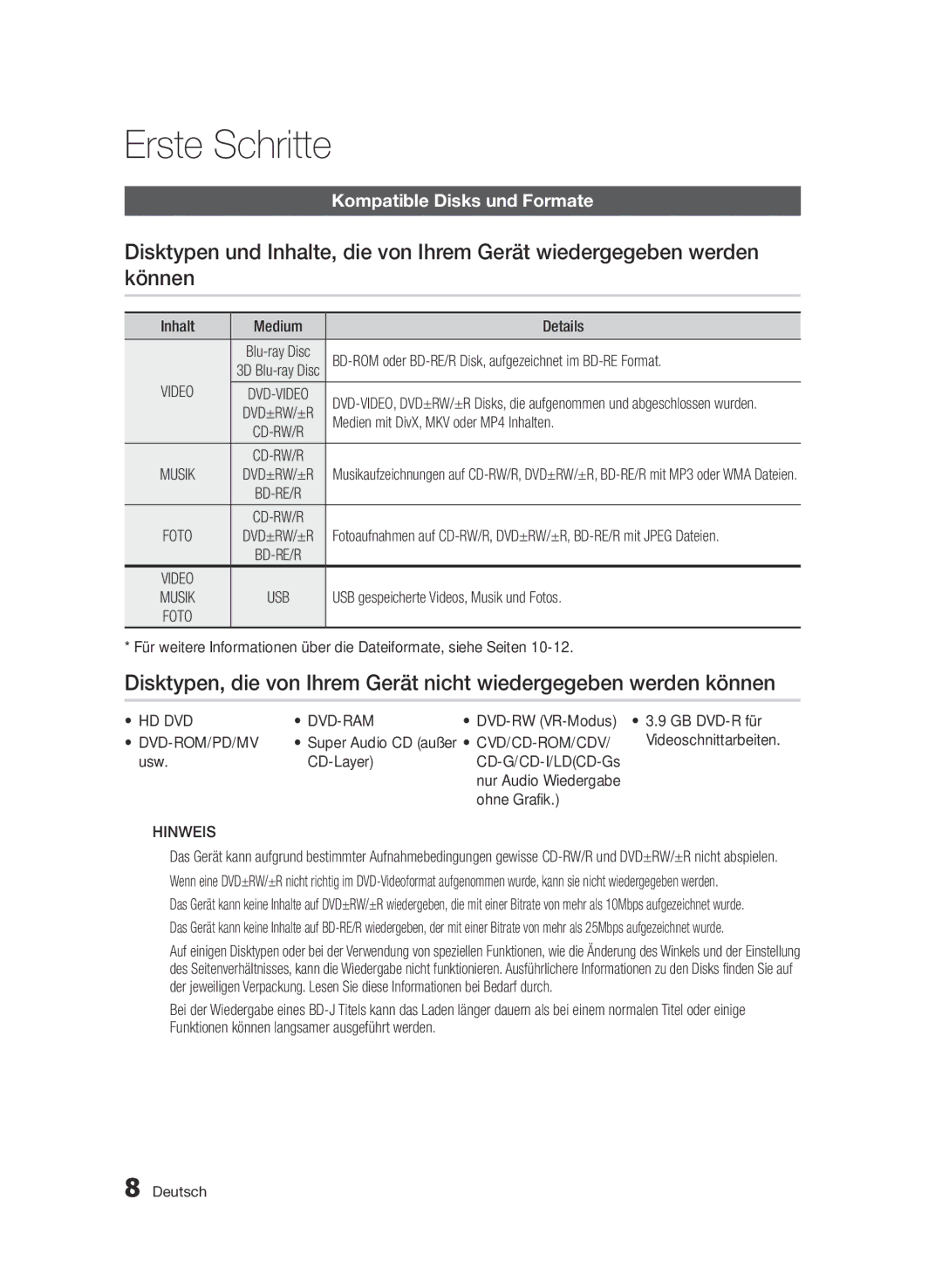 Samsung BD-E6300/EN manual Erste Schritte, Kompatible Disks und Formate 