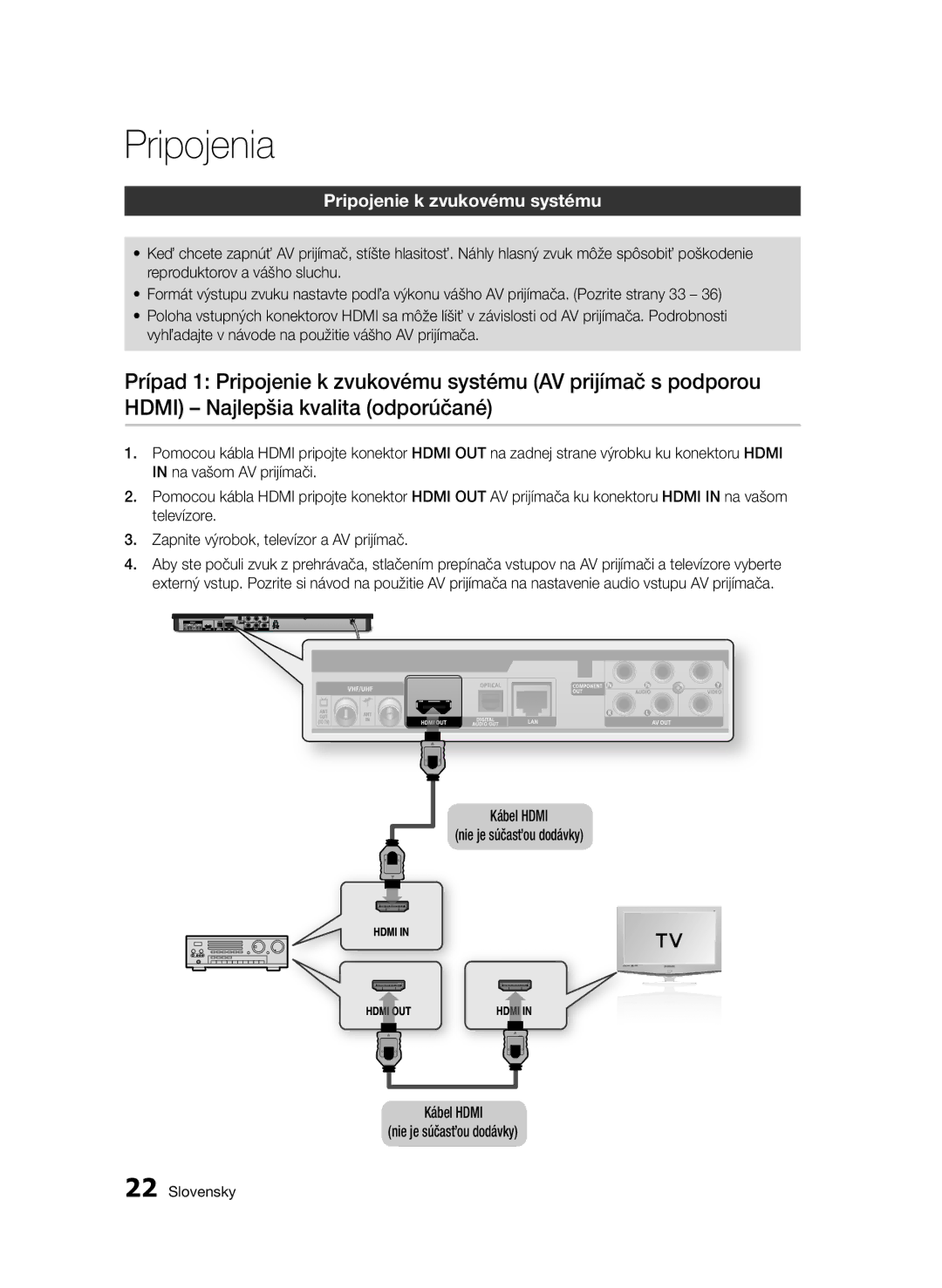 Samsung BD-E6300/EN manual Pripojenie k zvukovému systému, Kábel Hdmi Nie je súčasťou dodávky 