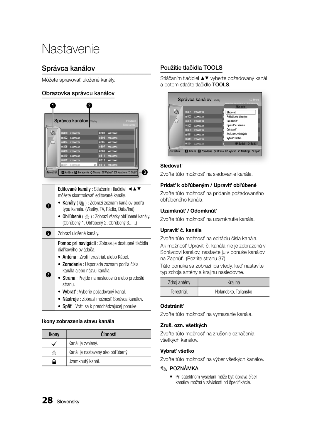 Samsung BD-E6300/EN Ikony zobrazenia stavu kanála, Pridať k obľúbeným / Upraviť obľúbené, Uzamknúť / Odomknúť, Odstrániť 