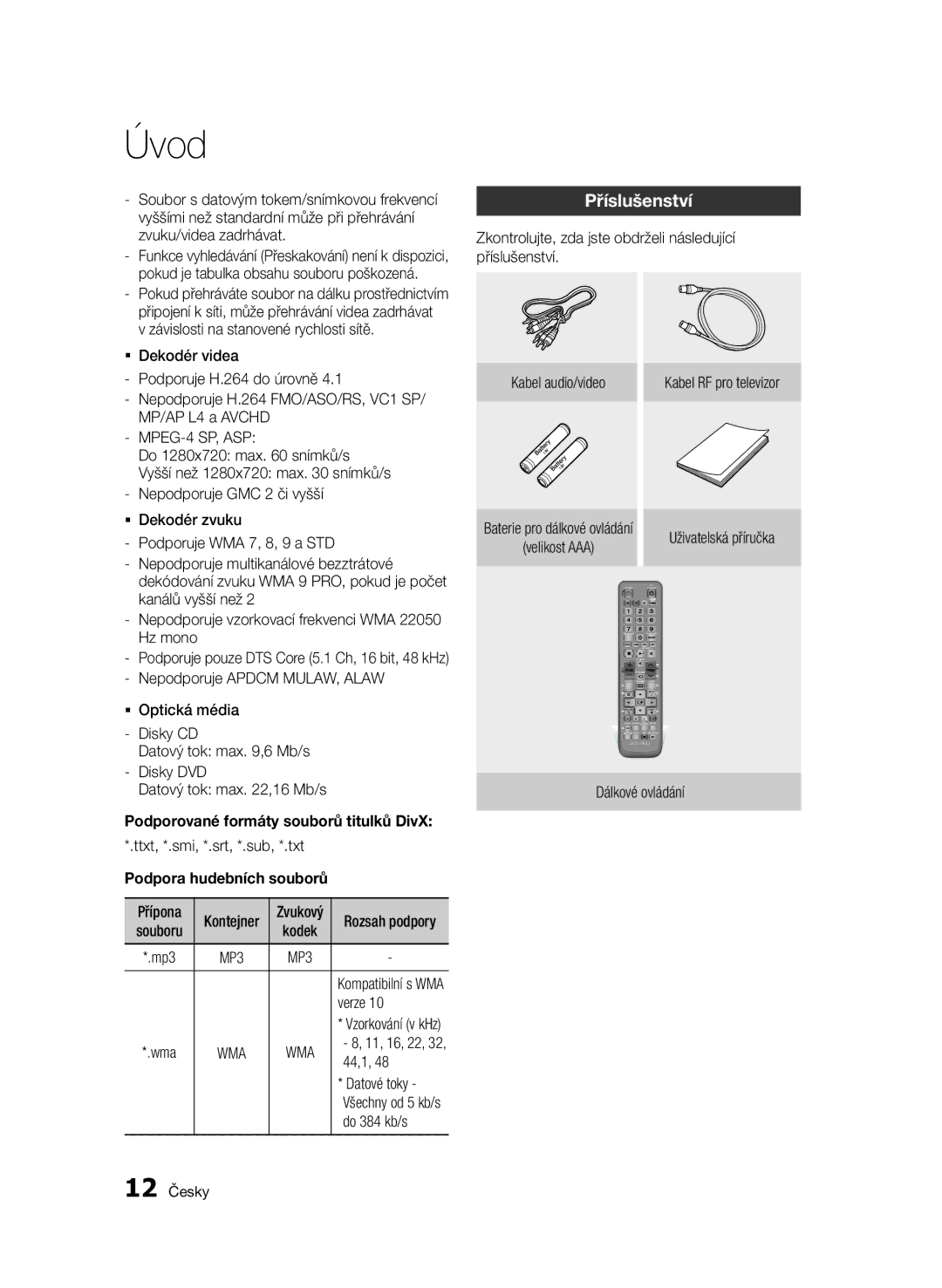 Samsung BD-E6300/EN manual Příslušenství, Podporované formáty souborů titulků DivX, Podpora hudebních souborů 