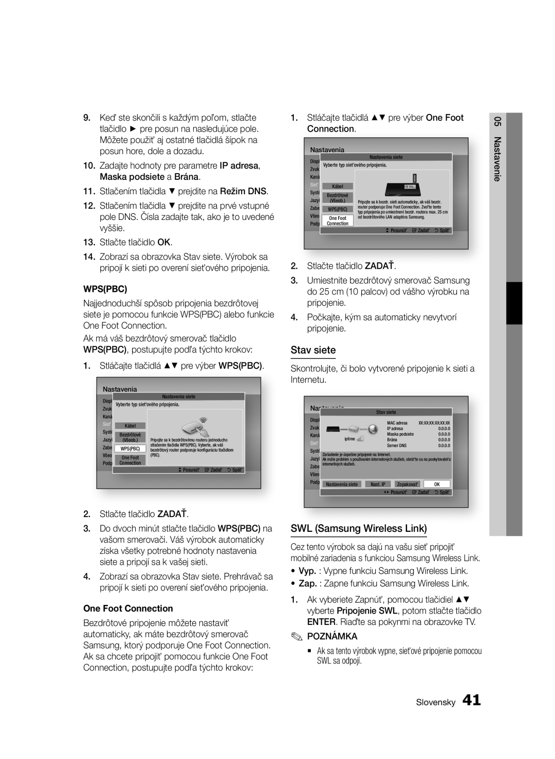 Samsung BD-E6300/EN manual Stav siete, SWL Samsung Wireless Link, Stláčajte tlačidlá pre výber Wpspbc 