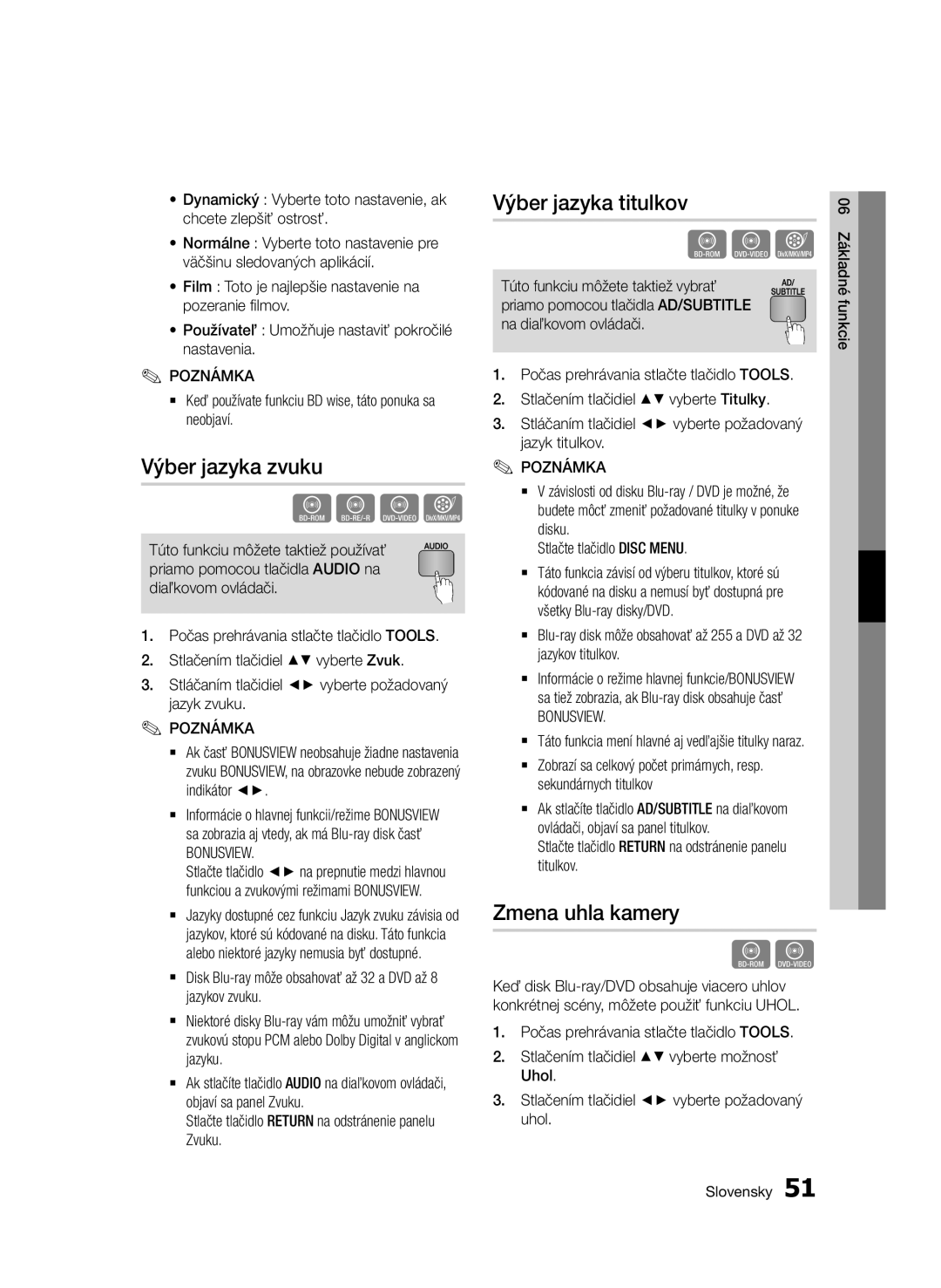 Samsung BD-E6300/EN manual Výber jazyka zvuku, Výber jazyka titulkov, Zmena uhla kamery 