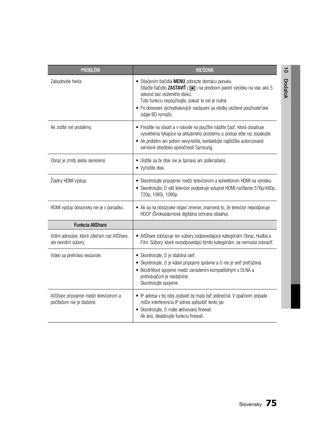 Samsung BD-E6300/EN manual Túto funkciu nepoužívajte, pokiaľ to nie je nutné, Servisné stredisko spoločnosti Samsung 