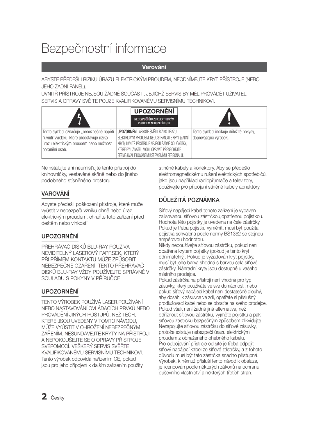 Samsung BD-E6300/EN manual Bezpečnostní informace, Varování, Doprovázející výrobek, Poranění osob, Česky 