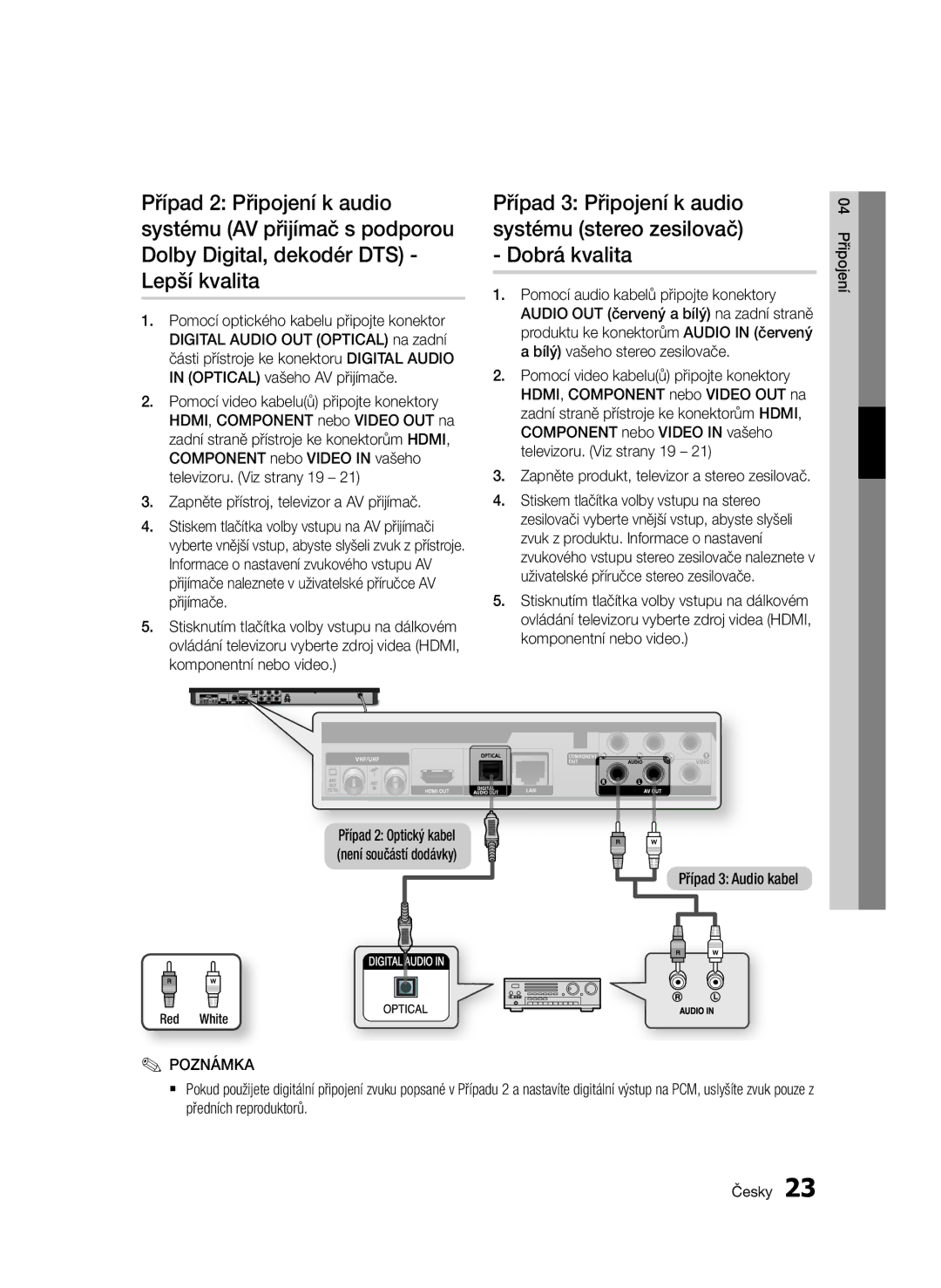 Samsung BD-E6300/EN manual Případ 3 Audio kabel, Zapněte produkt, televizor a stereo zesilovač 