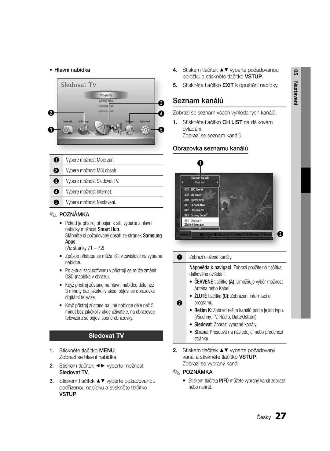 Samsung BD-E6300/EN manual Seznam kanálů, Sledovat TV, Obrazovka seznamu kanálů, Hlavní nabídka, Vybere možnost Moje zař 