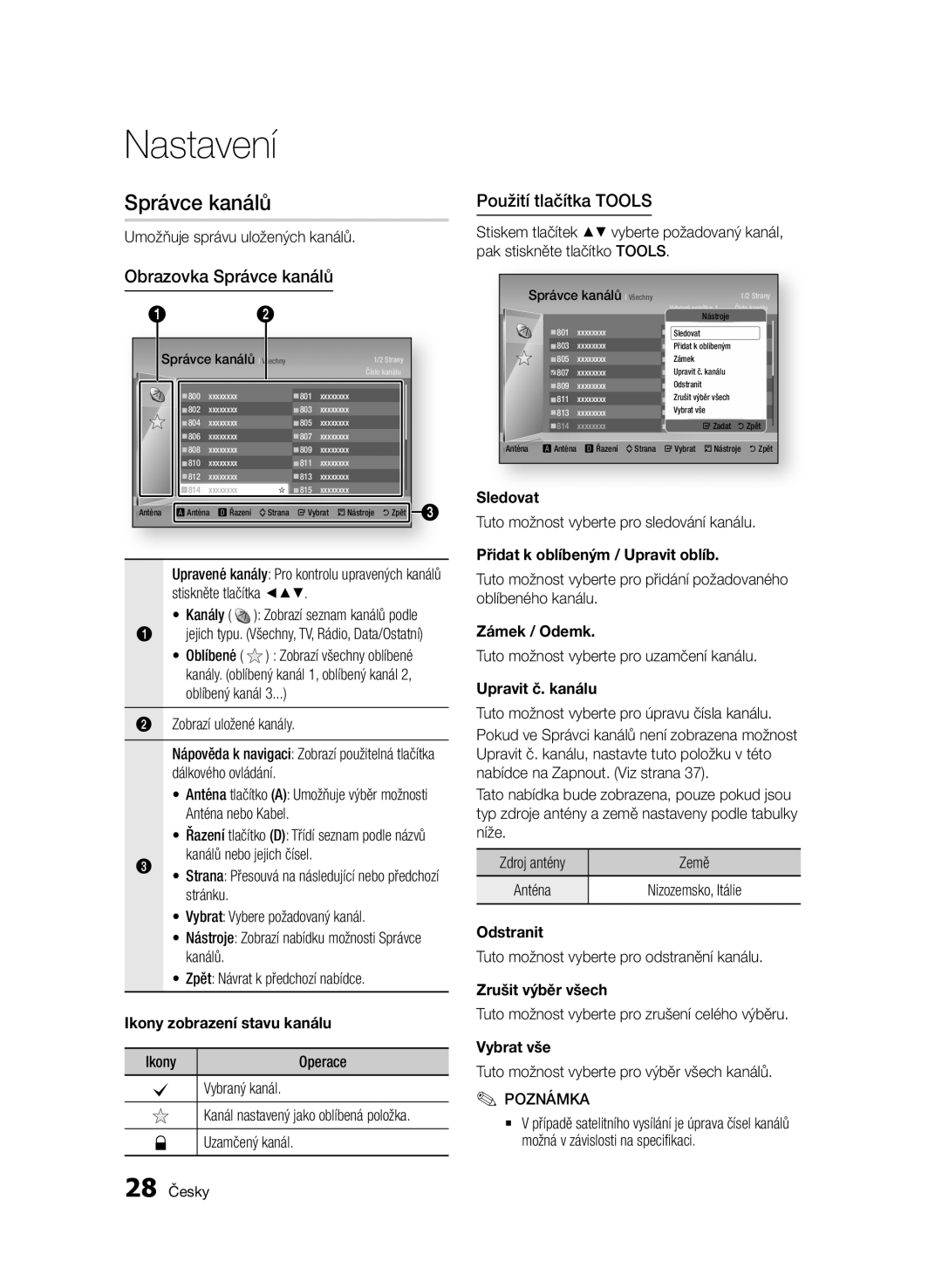 Samsung BD-E6300/EN Ikony zobrazení stavu kanálu, Sledovat, Přidat k oblíbeným / Upravit oblíb, Zámek / Odemk, Odstranit 