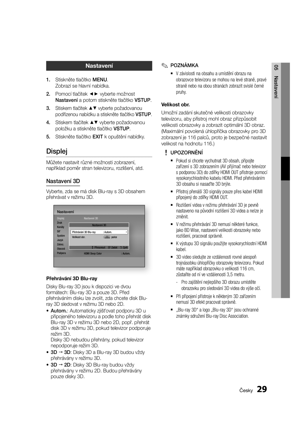 Samsung BD-E6300/EN manual Displej, Nastavení 3D, Přehrávání 3D Blu-ray, Velikost obr 