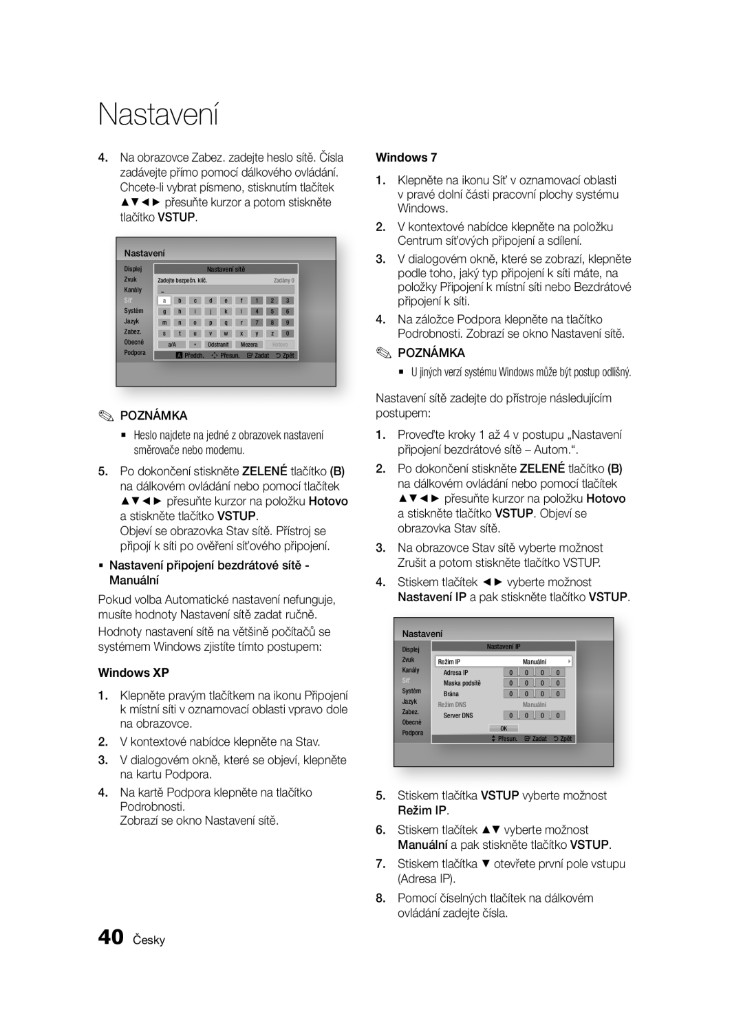 Samsung BD-E6300/EN manual ƒƒ Nastavení připojení bezdrátové sítě Manuální, 40 Česky 