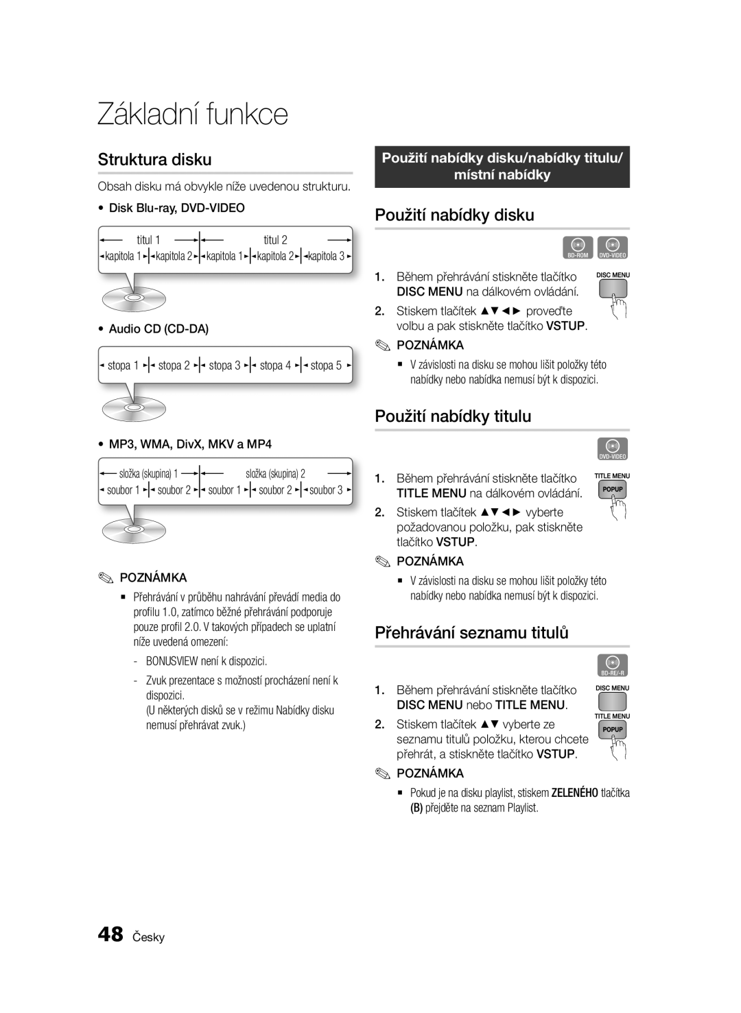 Samsung BD-E6300/EN manual Struktura disku, Použití nabídky disku, Použití nabídky titulu, Přehrávání seznamu titulů 