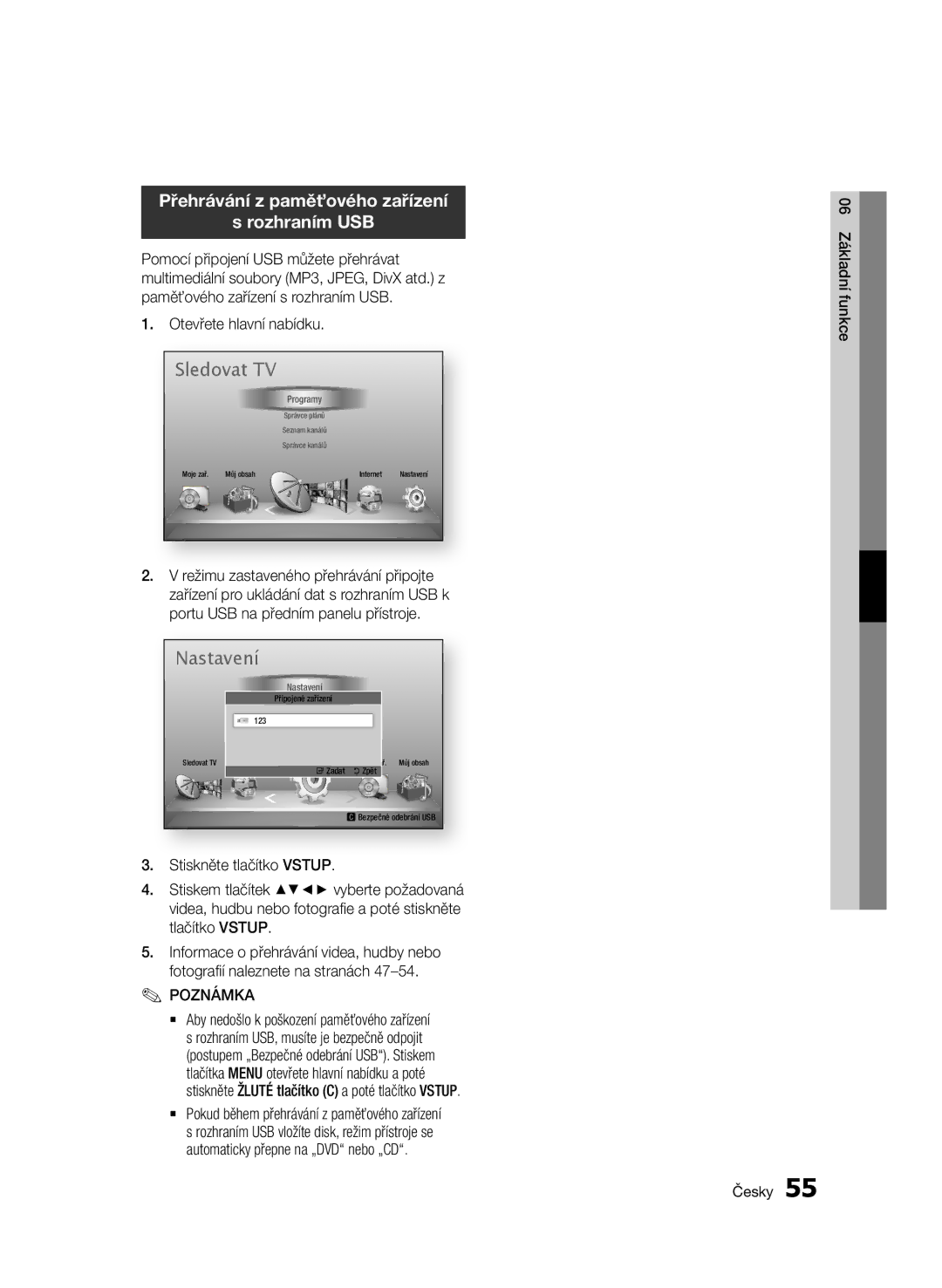 Samsung BD-E6300/EN manual Přehrávání z paměťového zařízení Rozhraním USB, Otevřete hlavní nabídku 