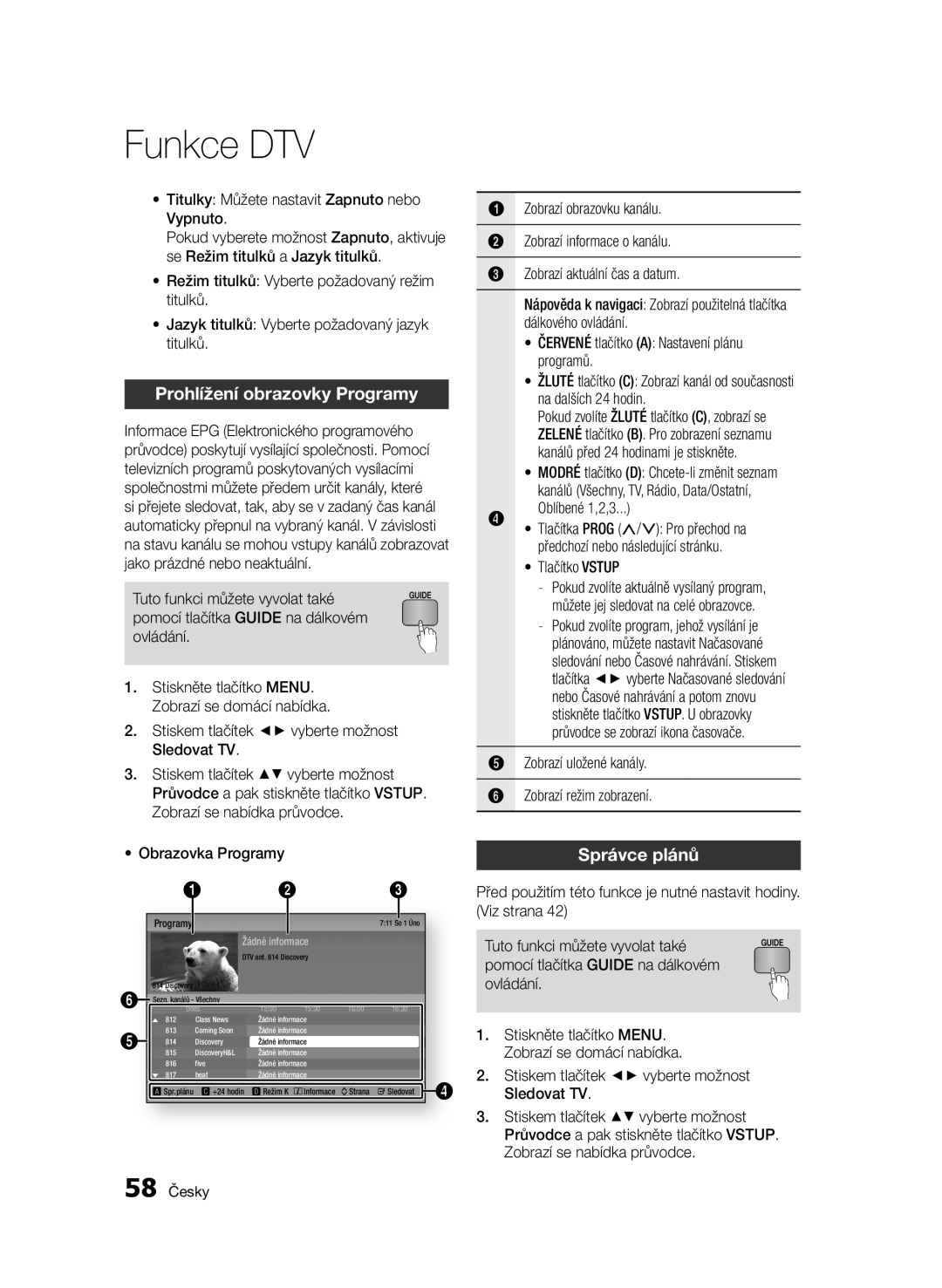 Samsung BD-E6300/EN manual Prohlížení obrazovky Programy, Správce plánů, Tlačítko Vstup, 58 Česky 