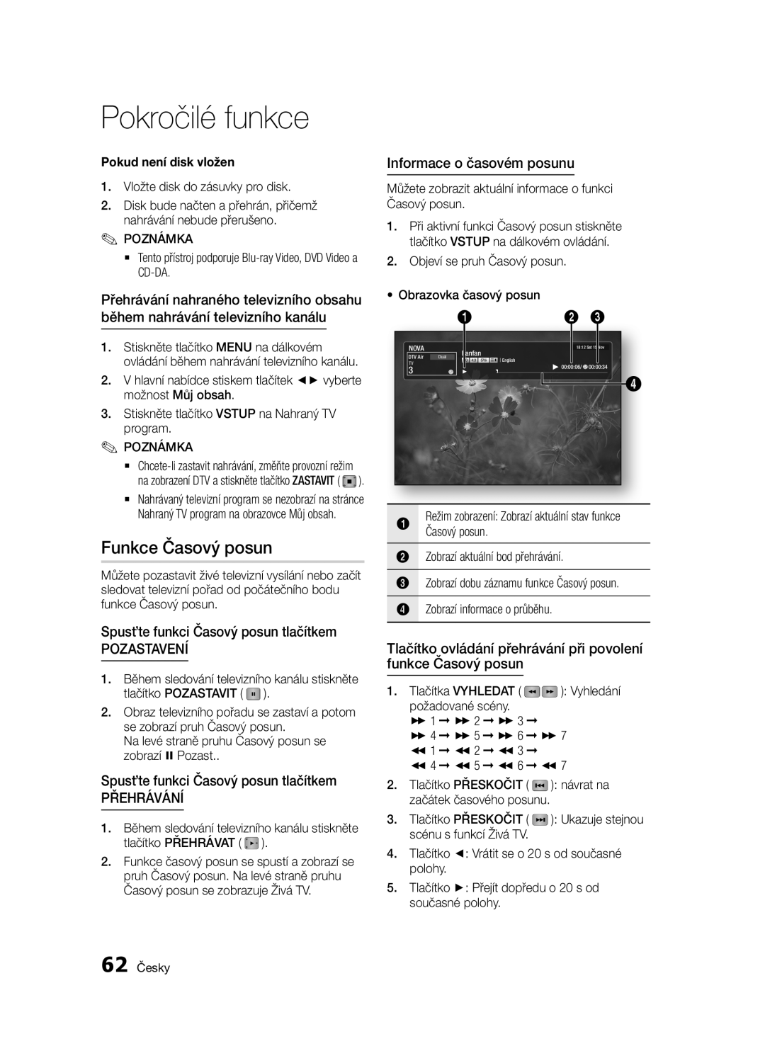 Samsung BD-E6300/EN manual Funkce Časový posun, Spusťte funkci Časový posun tlačítkem, Informace o časovém posunu 