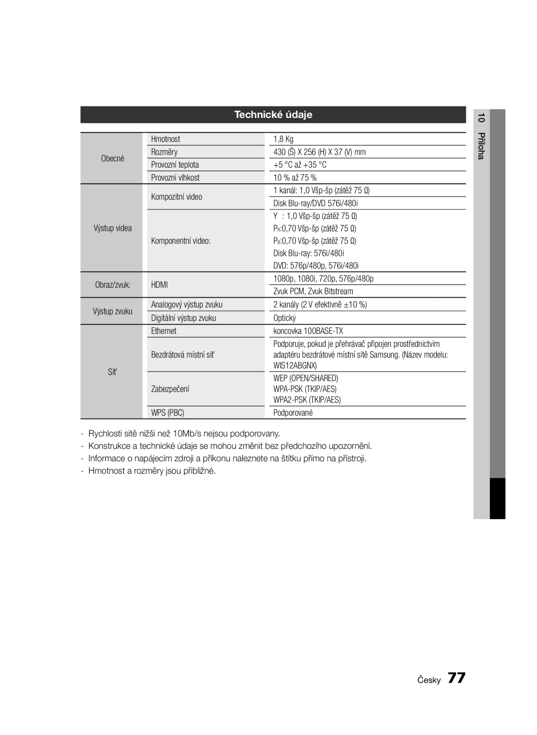 Samsung BD-E6300/EN manual Technické údaje 