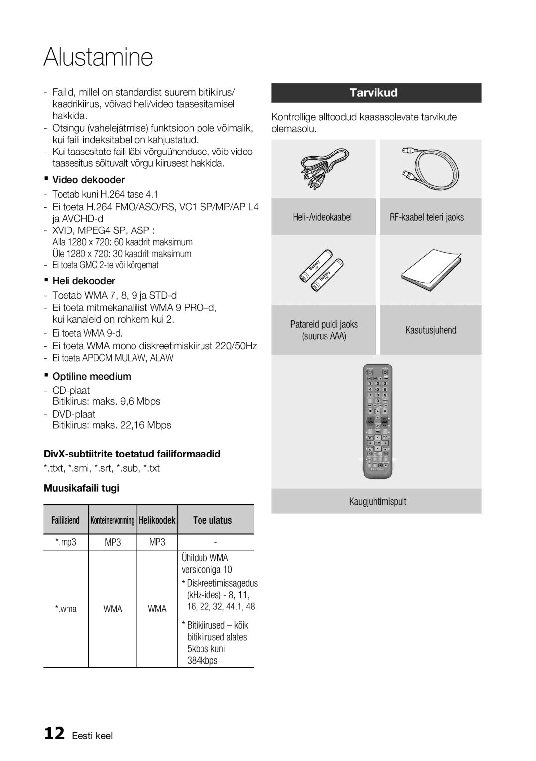 Samsung BD-E6300/EN manual Tarvikud, XVID, MPEG4 SP, ASP, DivX-subtiitrite toetatud failiformaadid, Muusikafaili tugi 