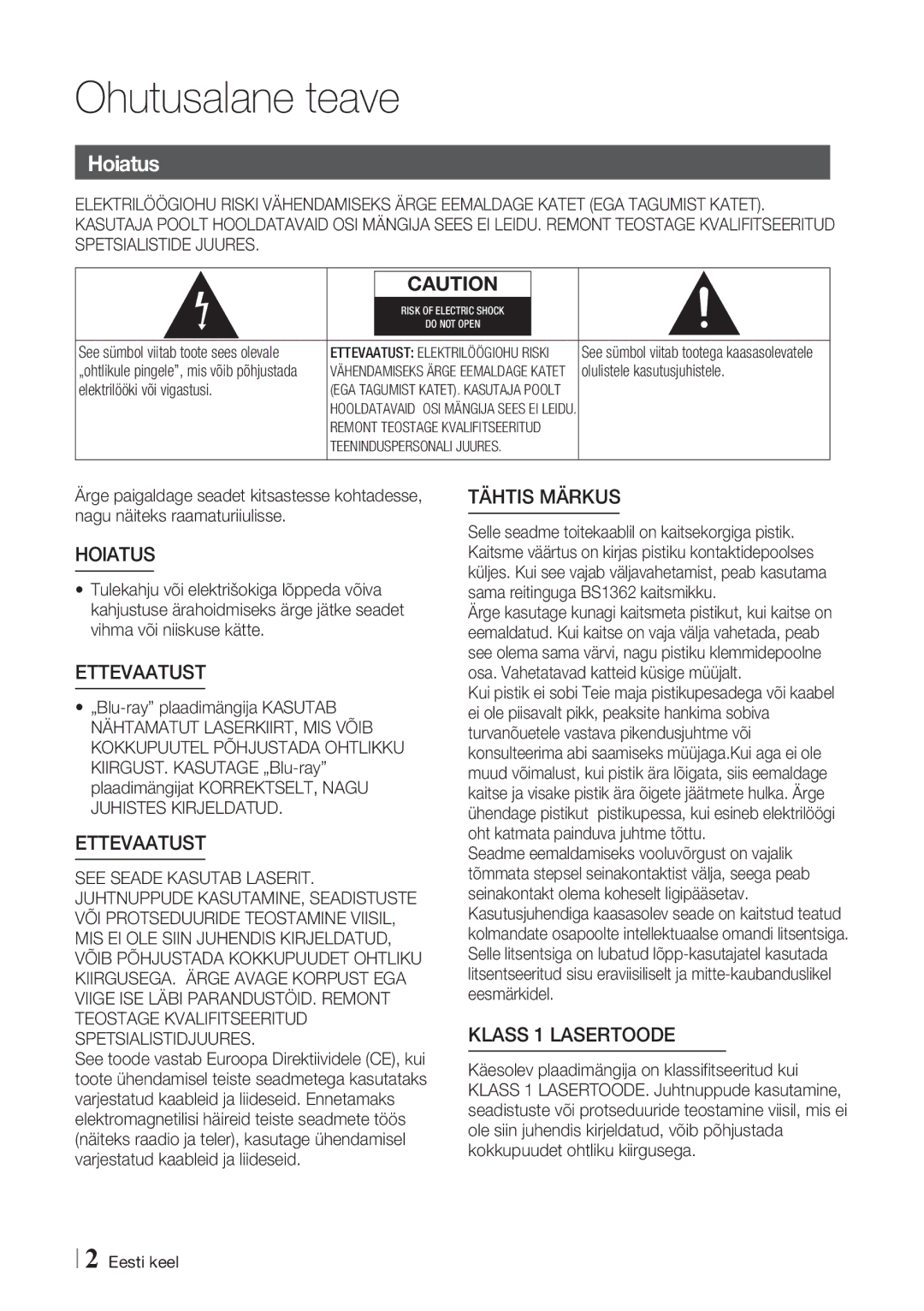 Samsung BD-E6300/EN manual Ohutusalane teave, Hoiatus 