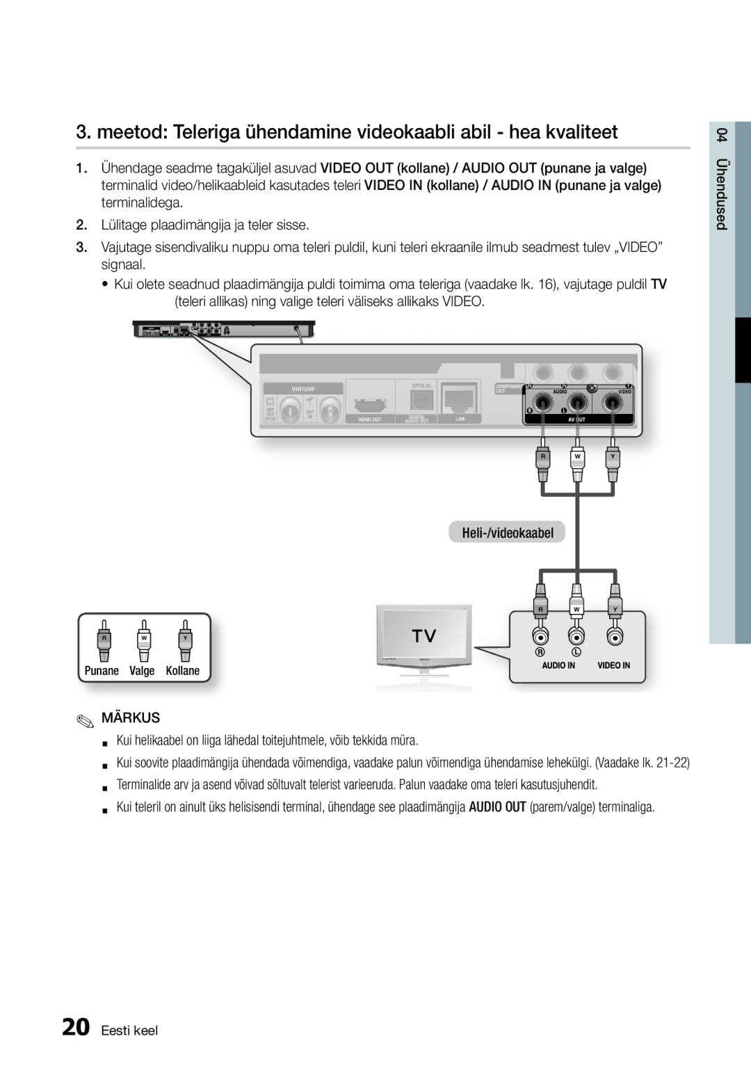 Samsung BD-E6300/EN manual Meetod Teleriga ühendamine videokaabli abil hea kvaliteet, Punane Valge Kollane 