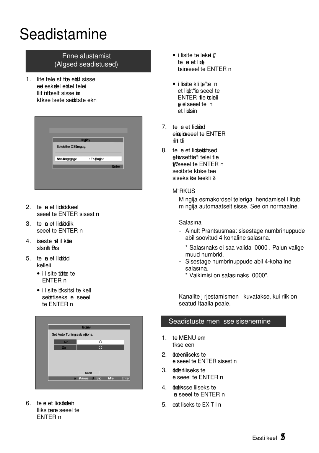 Samsung BD-E6300/EN manual Seadistamine, Enne alustamist Algsed seadistused, Seadistuste menüüsse sisenemine 