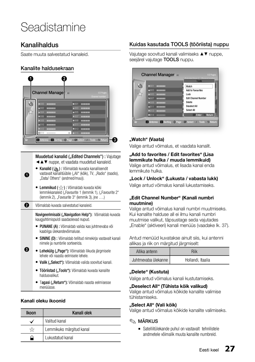 Samsung BD-E6300/EN manual Kanalihaldus, Kanalite haldusekraan, Kuidas kasutada Tools tööriista nuppu 