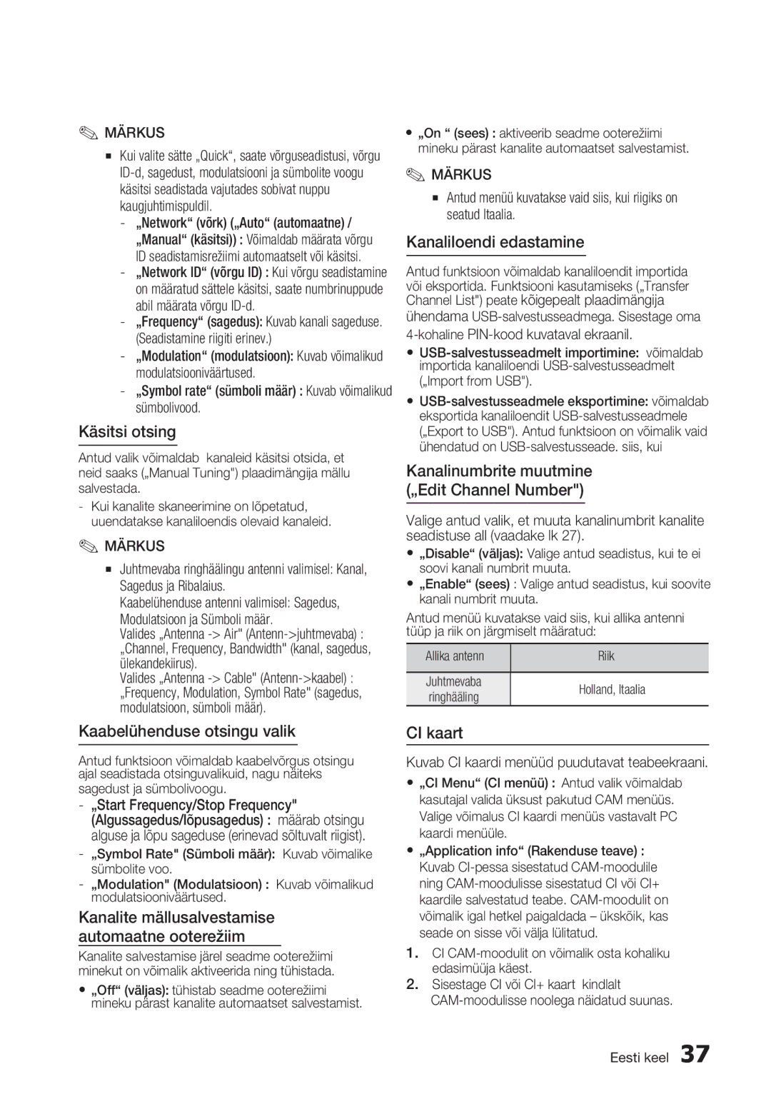 Samsung BD-E6300/EN manual Käsitsi otsing, Kaabelühenduse otsingu valik, Kanaliloendi edastamine, CI kaart 