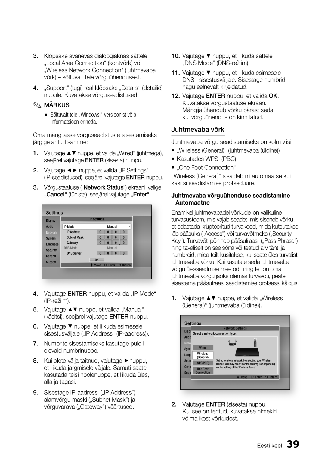 Samsung BD-E6300/EN manual Juhtmevaba võrk, Vajutage Enter nuppu, et valida „IP Mode IP-režiim 