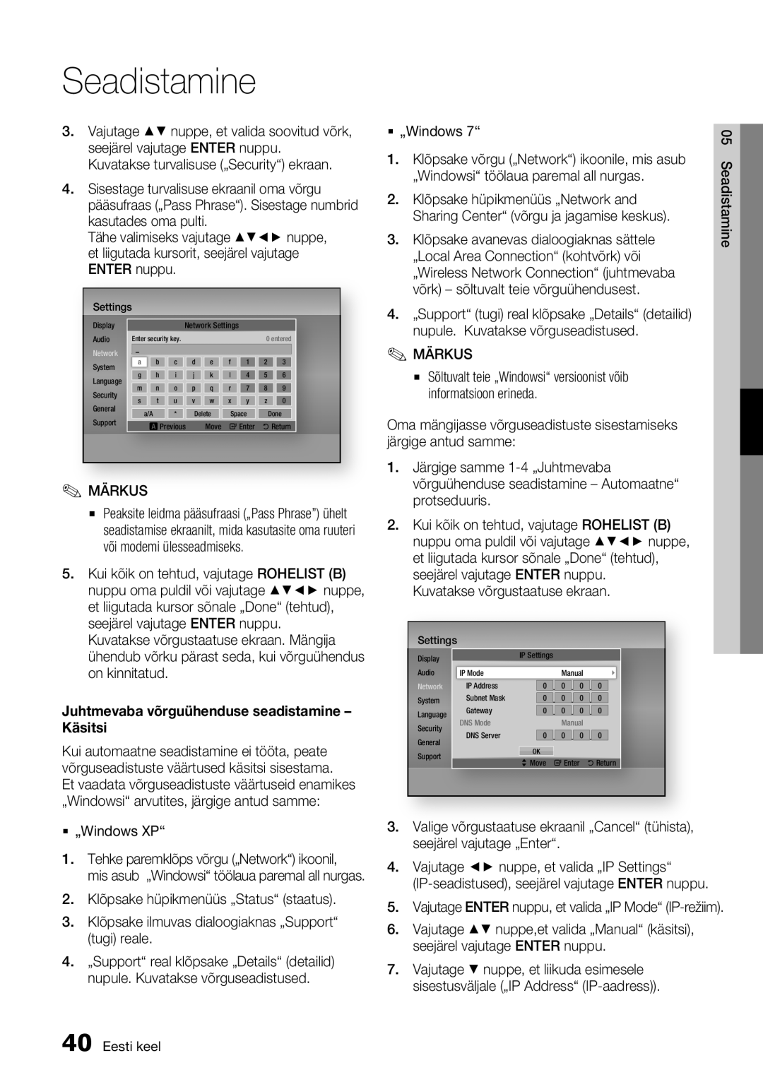 Samsung BD-E6300/EN Juhtmevaba võrguühenduse seadistamine Käsitsi,  „Windows XP Tehke paremklõps võrgu „Network ikoonil 