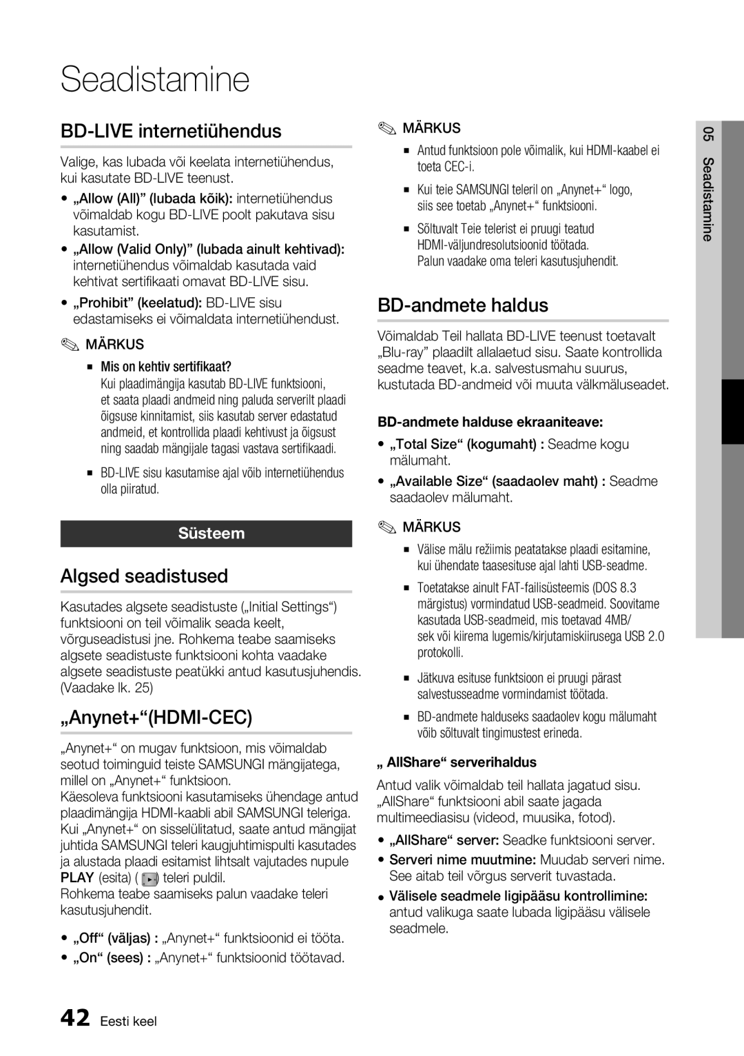 Samsung BD-E6300/EN manual BD-LIVE internetiühendus, Algsed seadistused, „Anynet+HDMI-CEC, BD-andmete haldus, Süsteem 