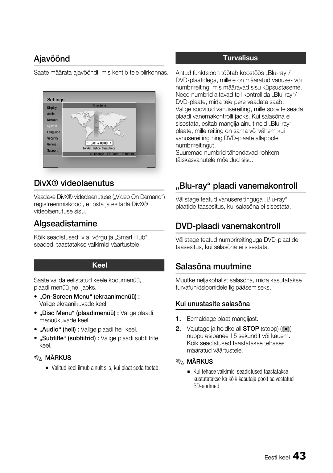 Samsung BD-E6300/EN manual Ajavöönd, DivX videolaenutus, Algseadistamine, „Blu-ray plaadi vanemakontroll, Salasõna muutmine 