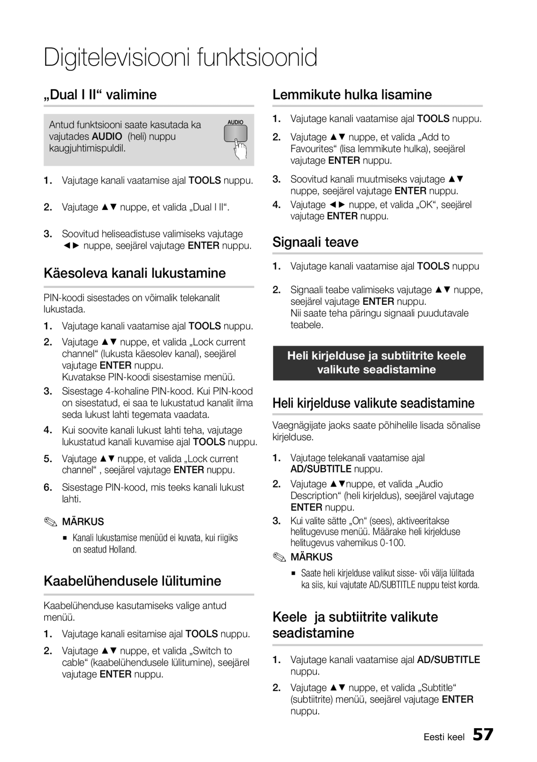 Samsung BD-E6300/EN manual „Dual I II valimine, Käesoleva kanali lukustamine, Kaabelühendusele lülitumine, Signaali teave 