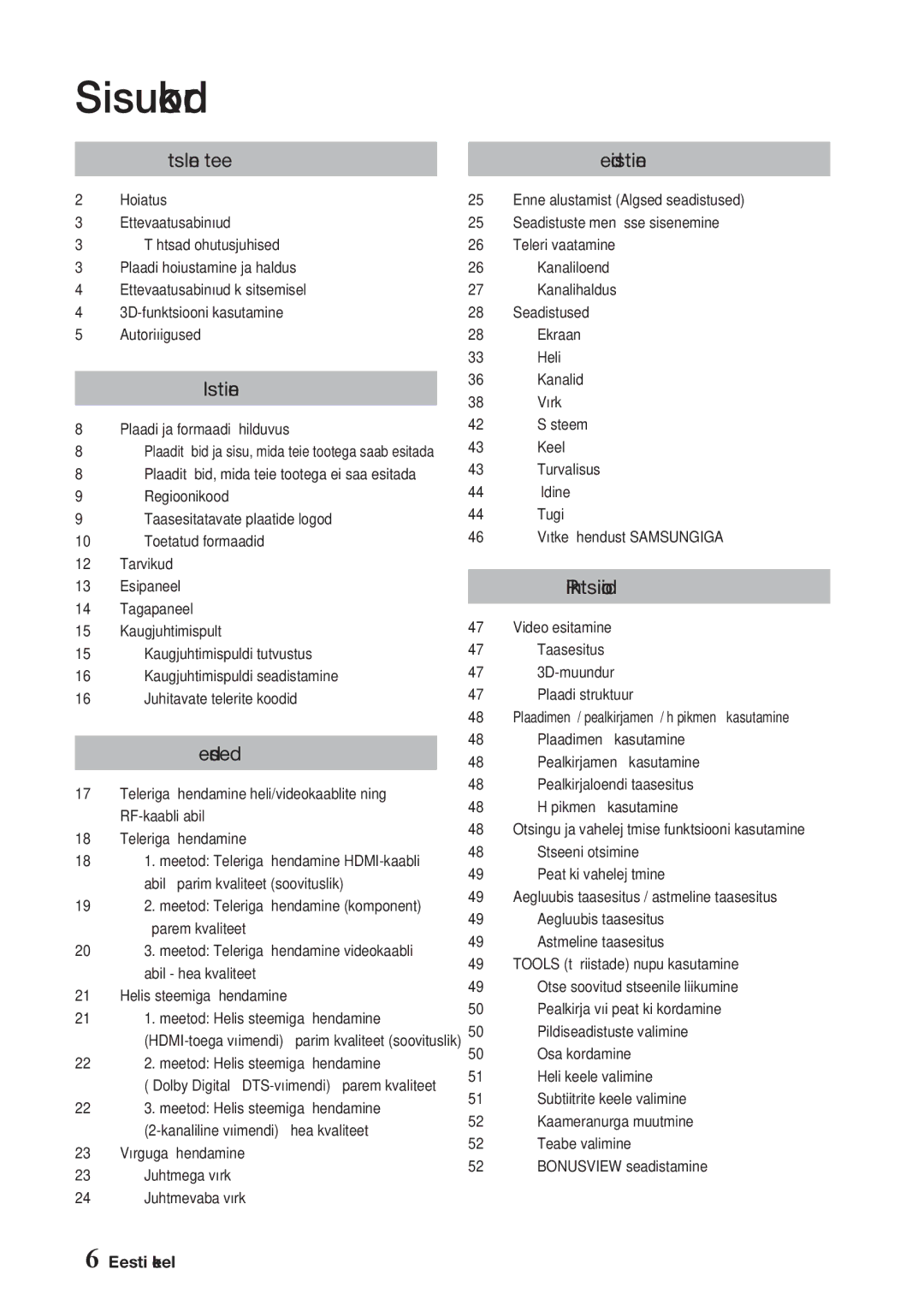 Samsung BD-E6300/EN manual Sisukord 